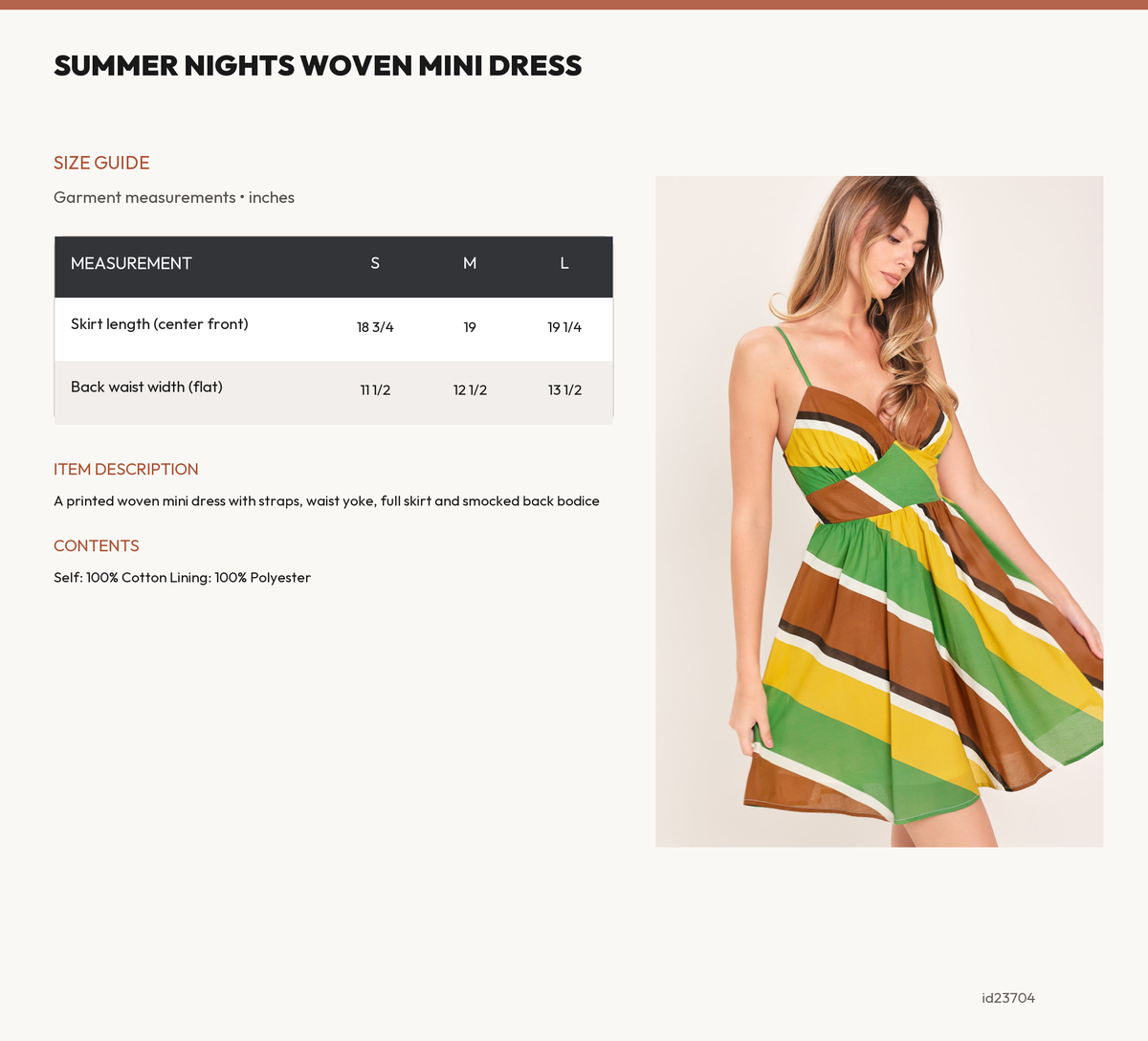 SUMMER NIGHTS WOVEN MINI DRESS size chart