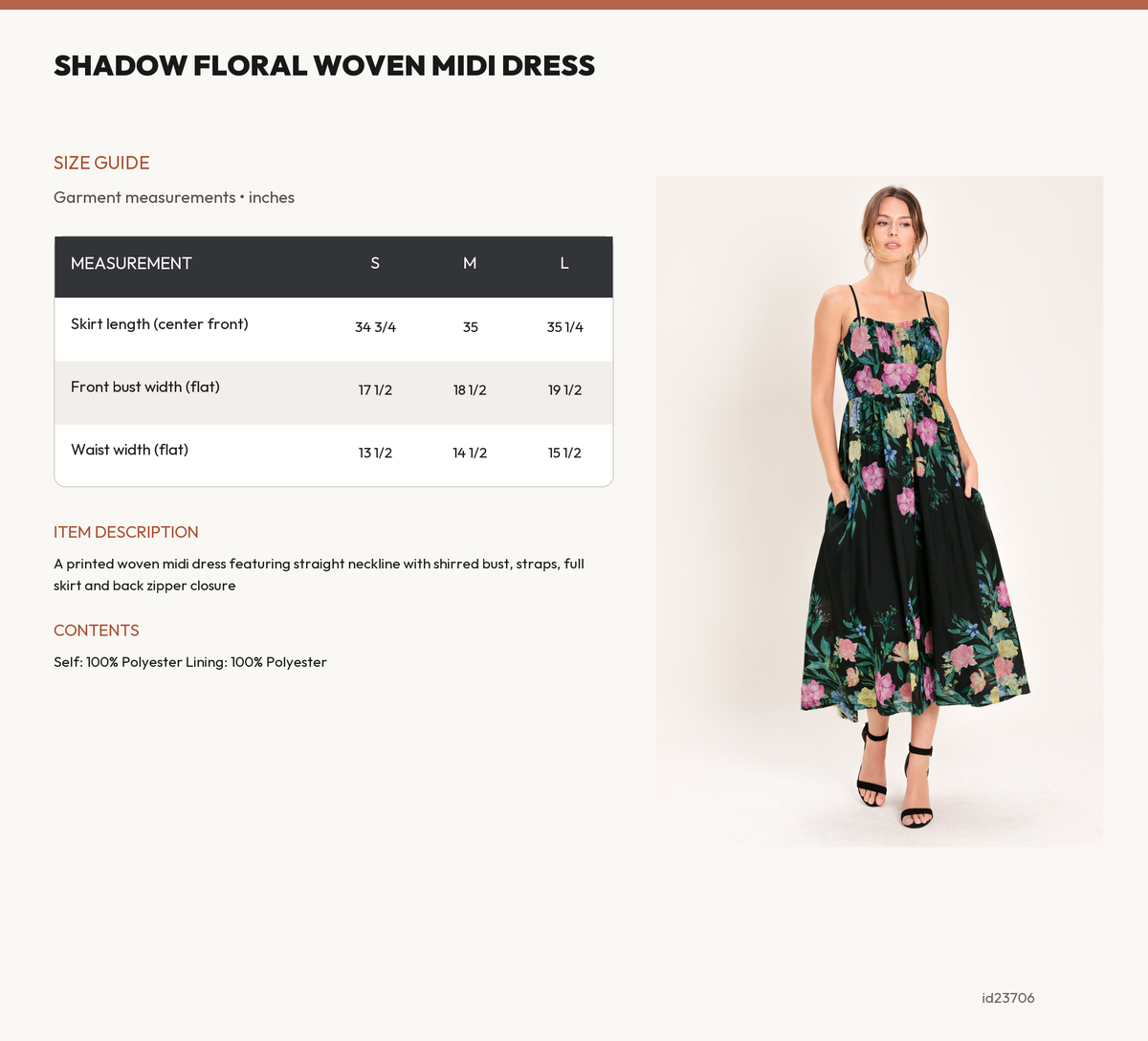 SHADOW FLORAL WOVEN MIDI DRESS size chart