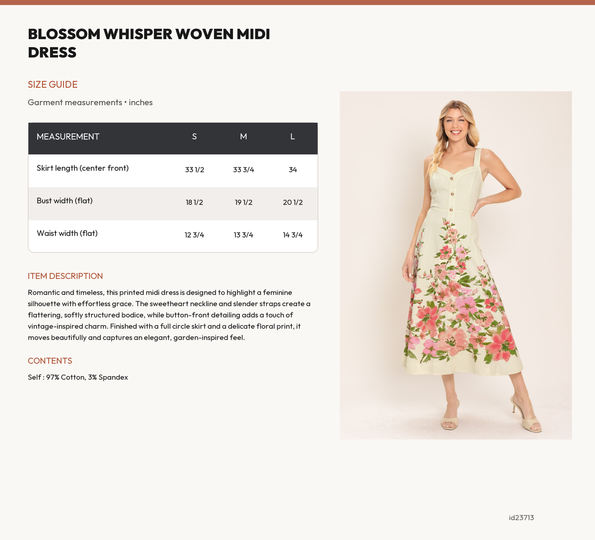 BLOSSOM WHISPER WOVEN MIDI DRESS size chart