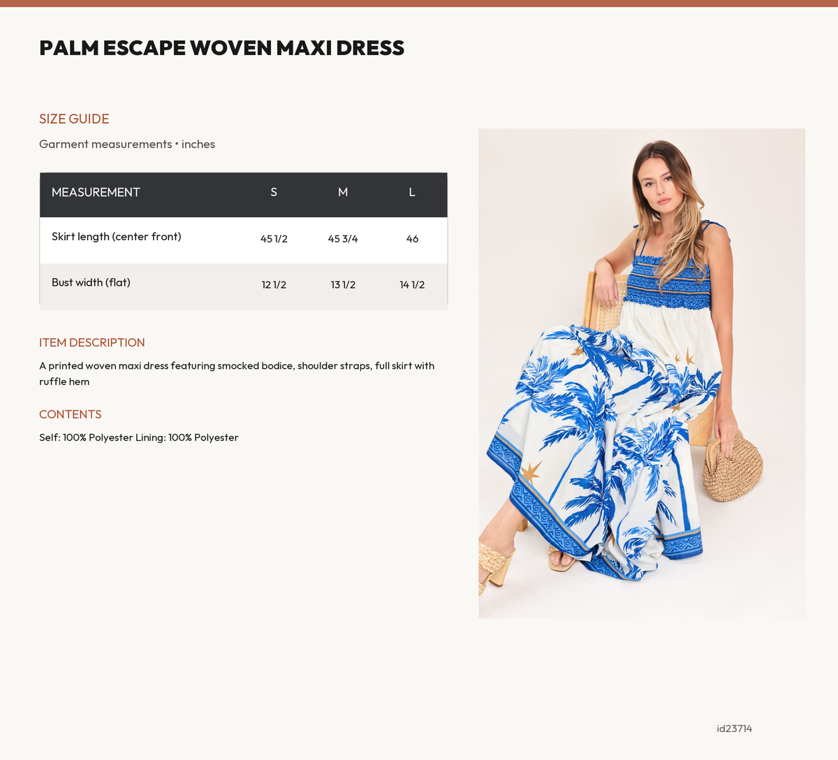 PALM ESCAPE WOVEN MAXI DRESS size chart
