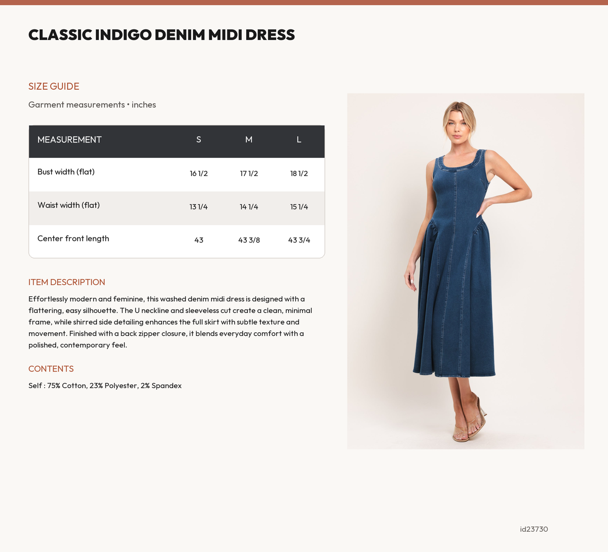 CLASSIC INDIGO DENIM MIDI DRESS size chart