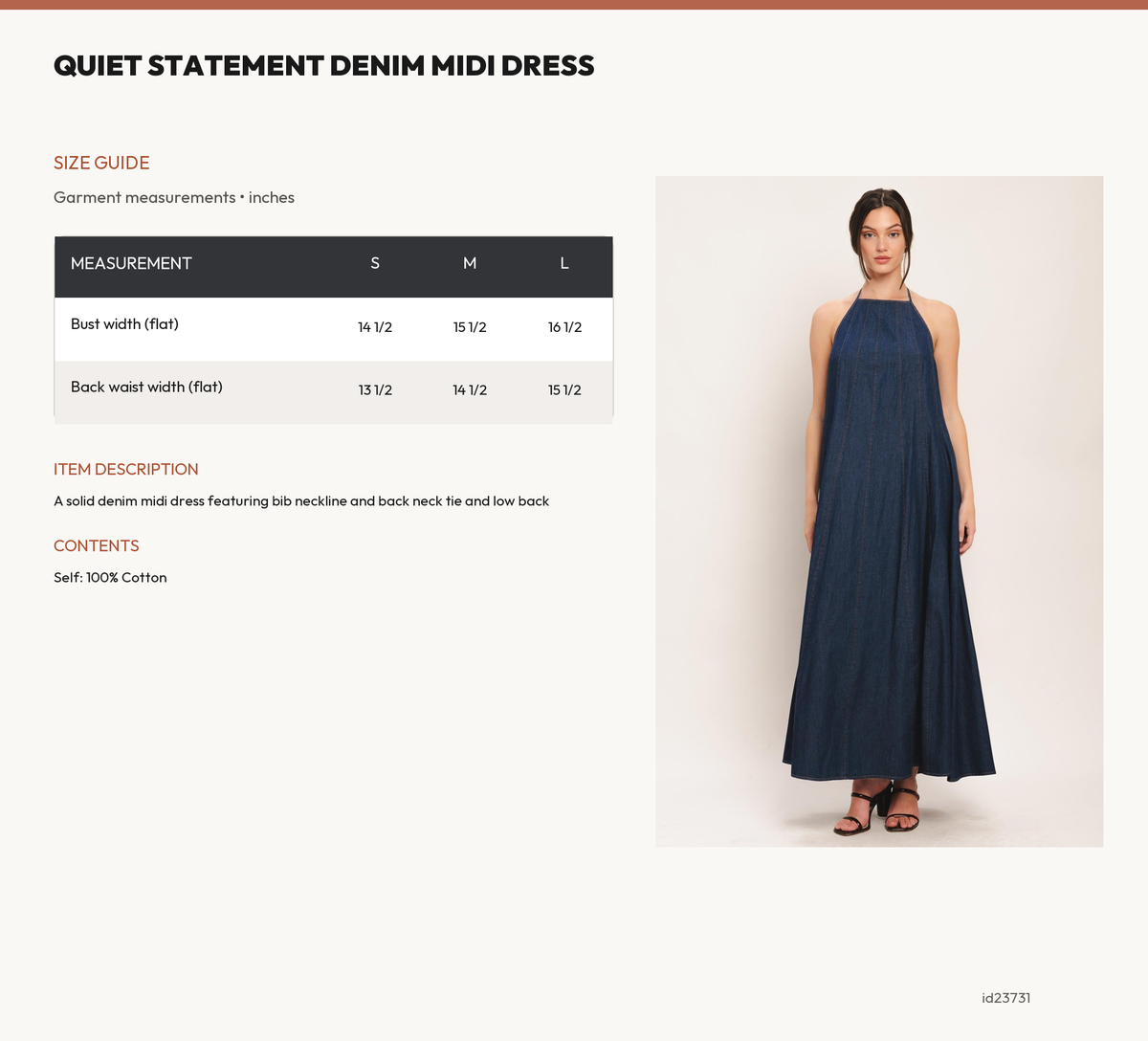 QUIET STATEMENT DENIM MIDI DRESS size chart