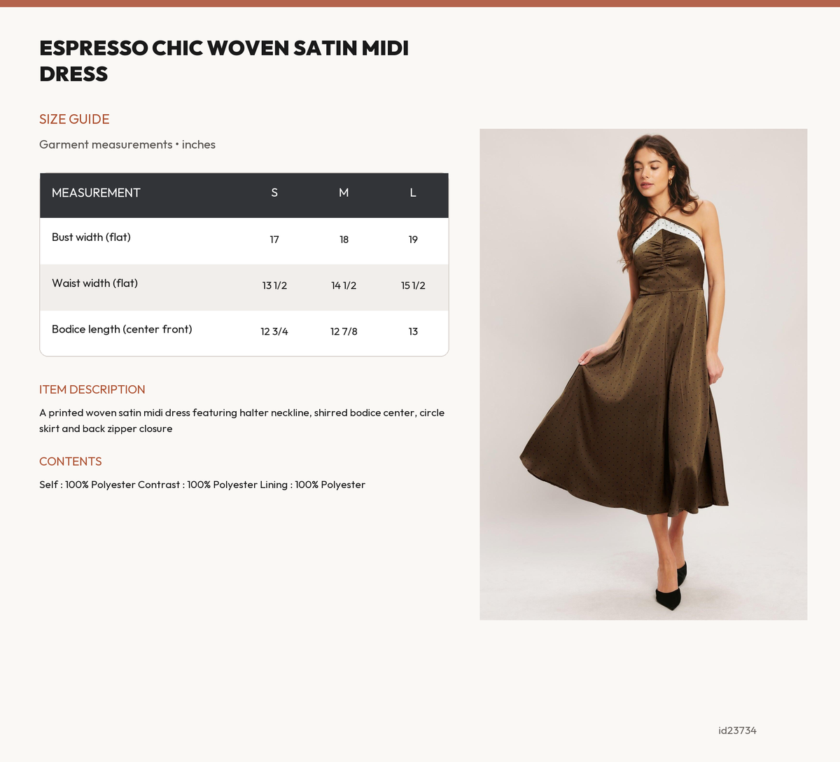 ESPRESSO CHIC WOVEN SATIN MIDI DRESS size chart