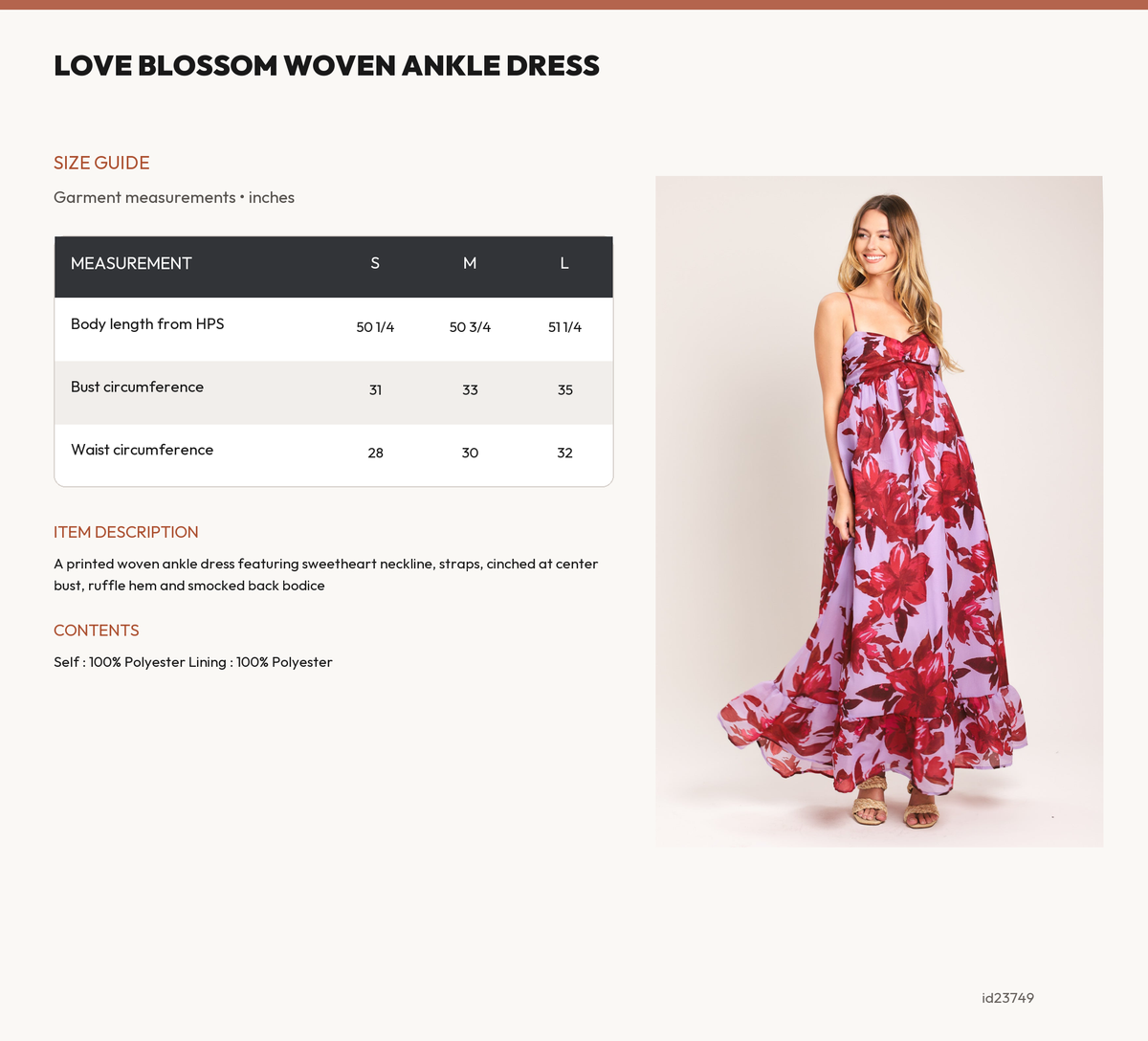 LOVE BLOSSOM WOVEN ANKLE DRESS size chart