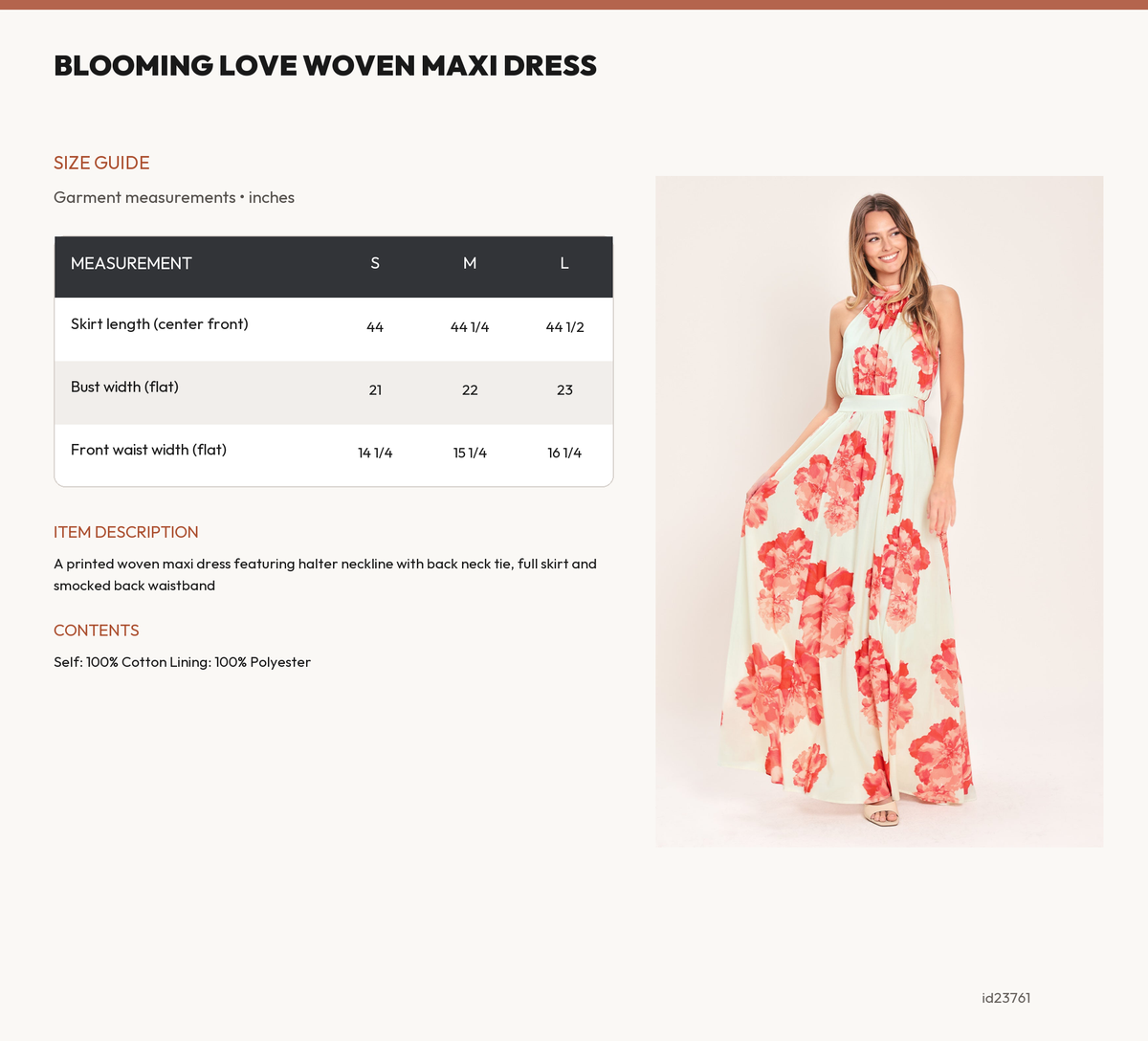 BLOOMING LOVE WOVEN MAXI DRESS size chart