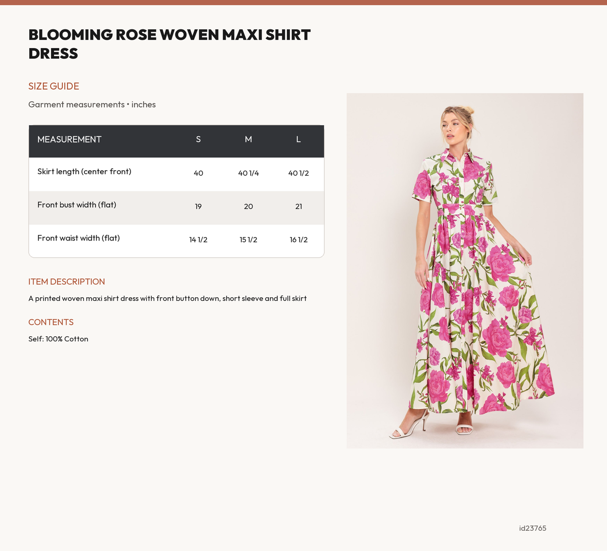 BLOOMING ROSE WOVEN MAXI SHIRT DRESS size chart