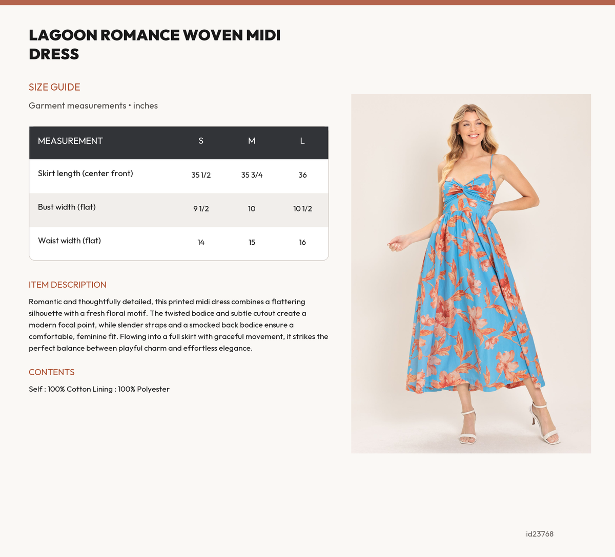 LAGOON ROMANCE WOVEN MIDI DRESS size chart