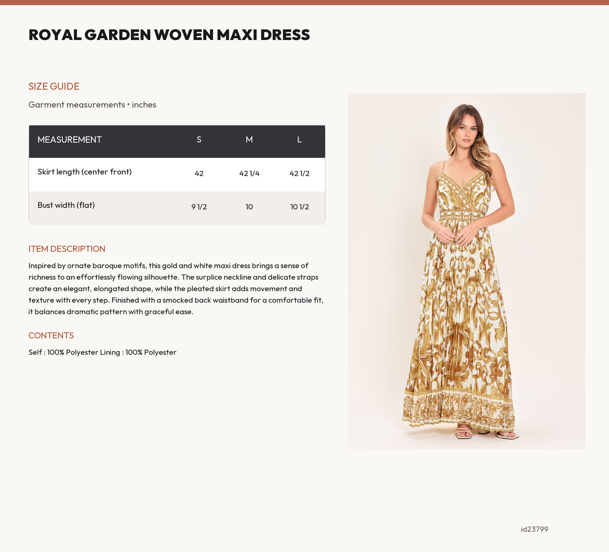 ROYAL GARDEN WOVEN MAXI DRESS size chart