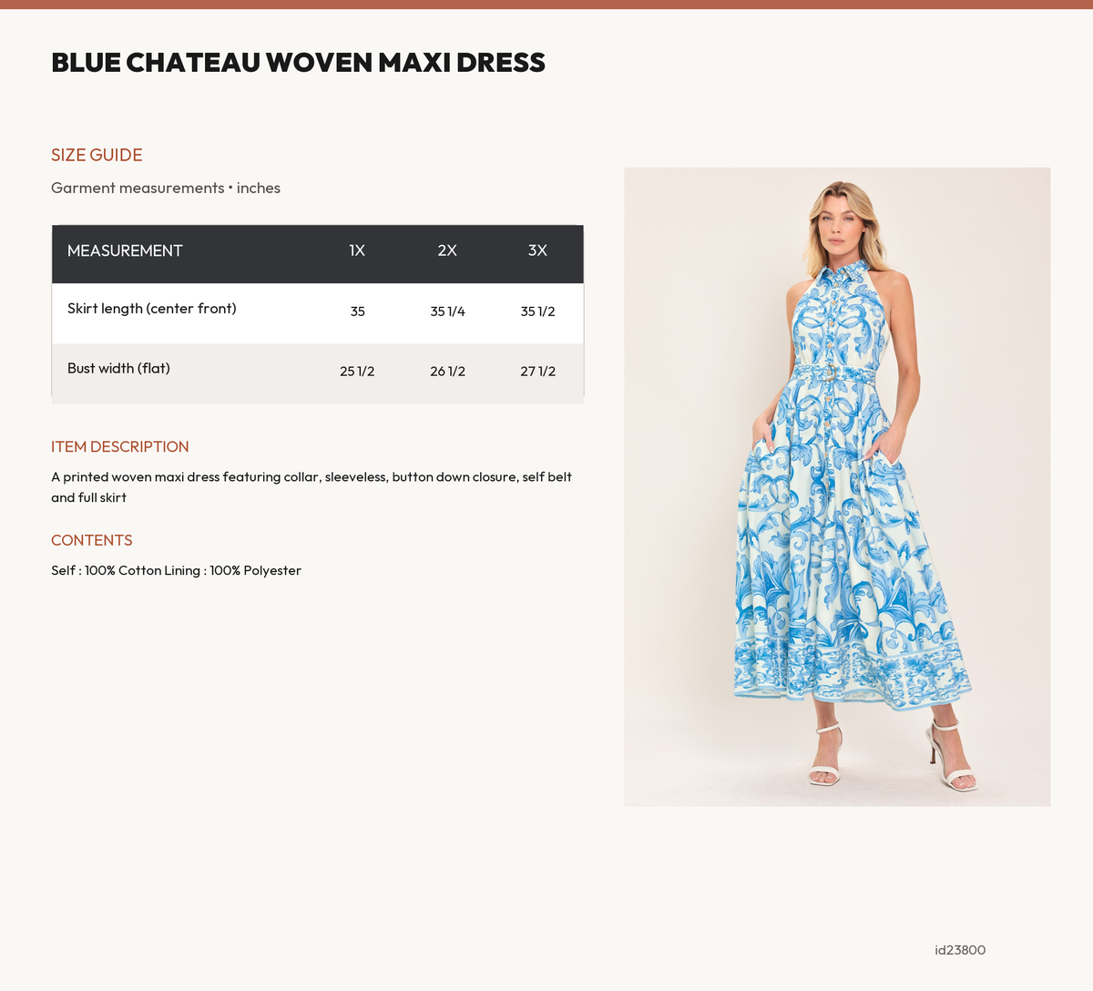 BLUE CHATEAU WOVEN MAXI DRESS size chart
