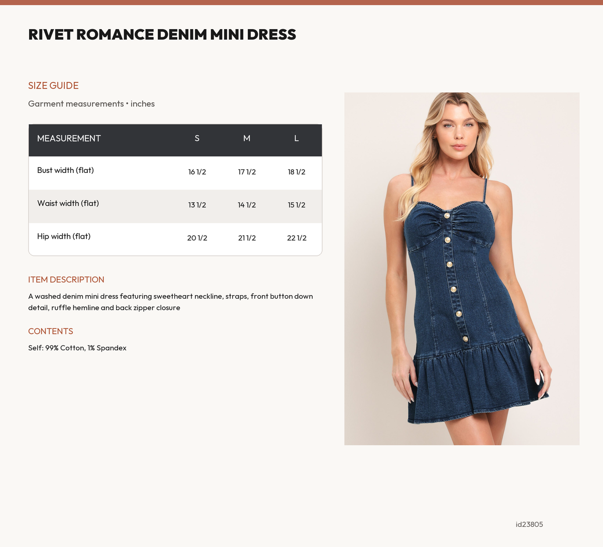 RIVET ROMANCE DENIM MINI DRESS size chart