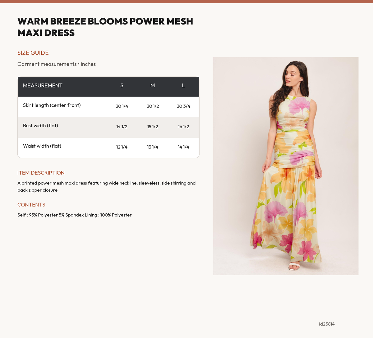 WARM BREEZE BLOOMS POWER MESH MAXI DRESS size chart