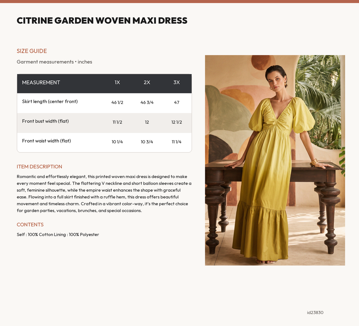 CITRINE GARDEN WOVEN MAXI DRESS size chart