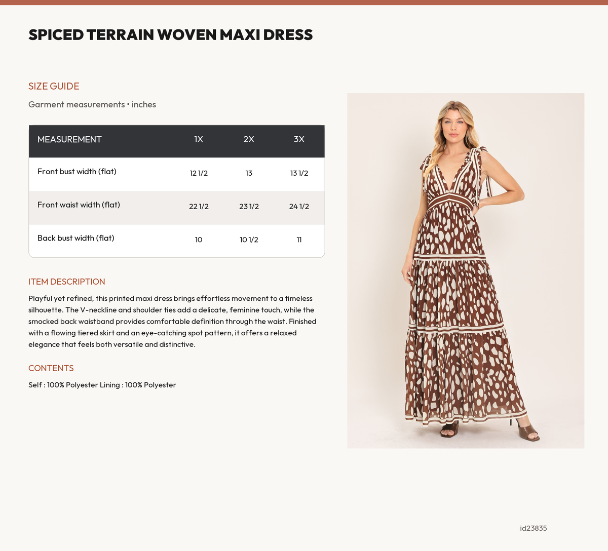 SPICED TERRAIN WOVEN MAXI DRESS size chart