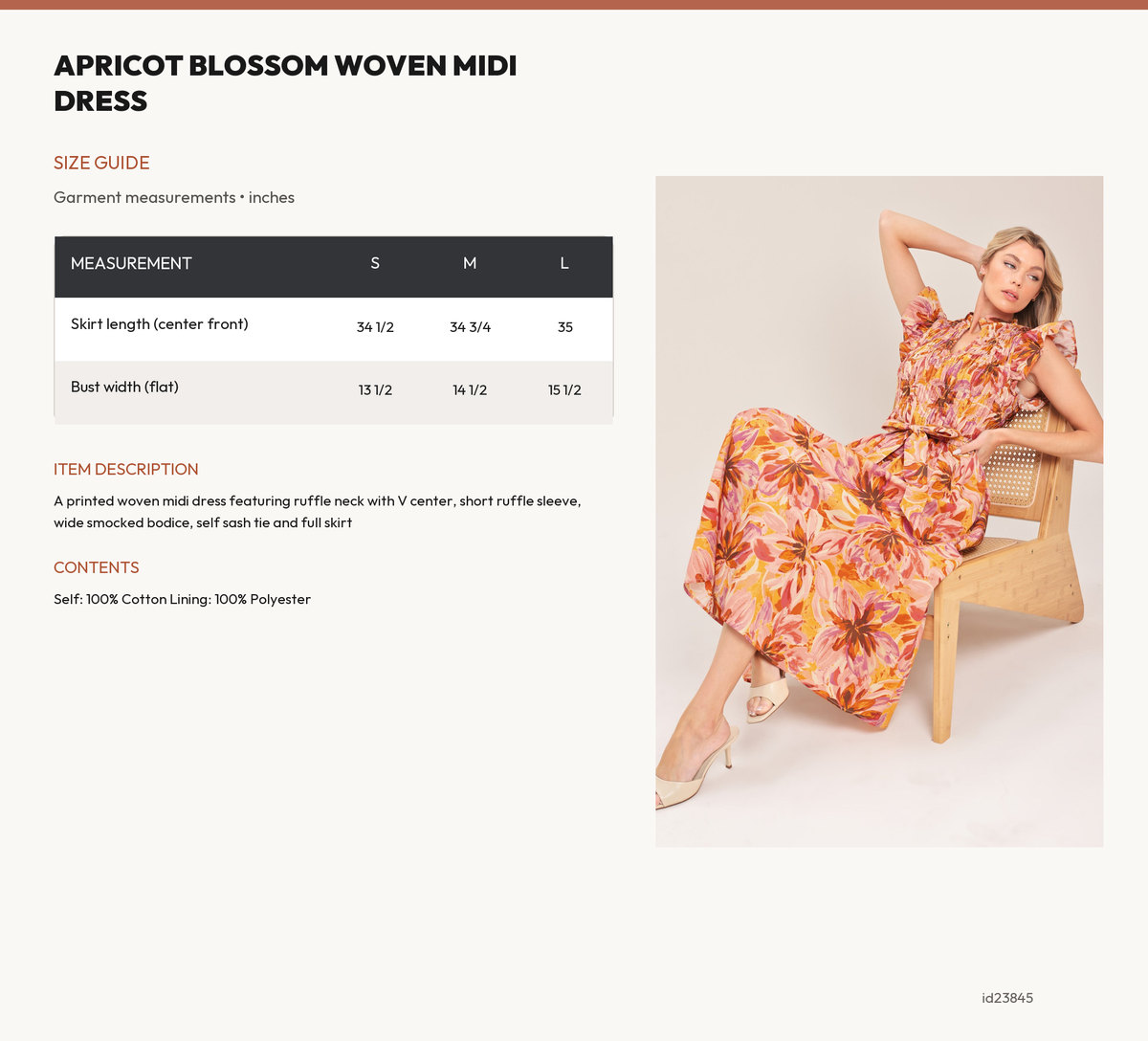 APRICOT BLOSSOM WOVEN MIDI DRESS size chart