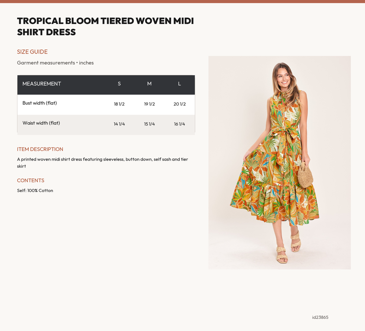 TROPICAL BLOOM TIERED WOVEN MIDI SHIRT DRESS size chart