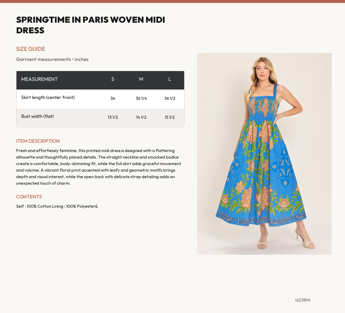 SPRINGTIME IN PARIS WOVEN MIDI DRESS size chart