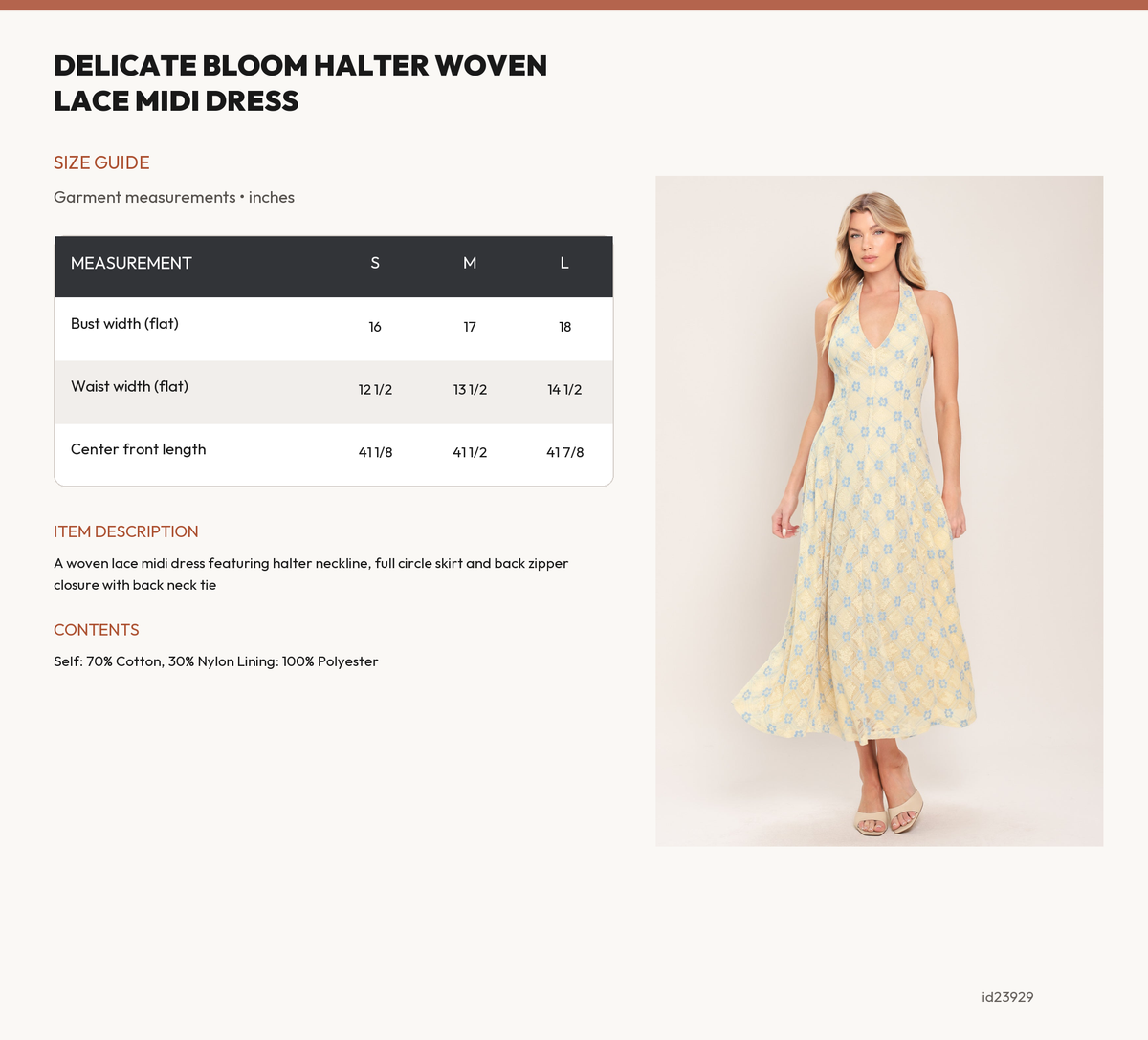 DELICATE BLOOM HALTER WOVEN LACE MIDI DRESS size chart