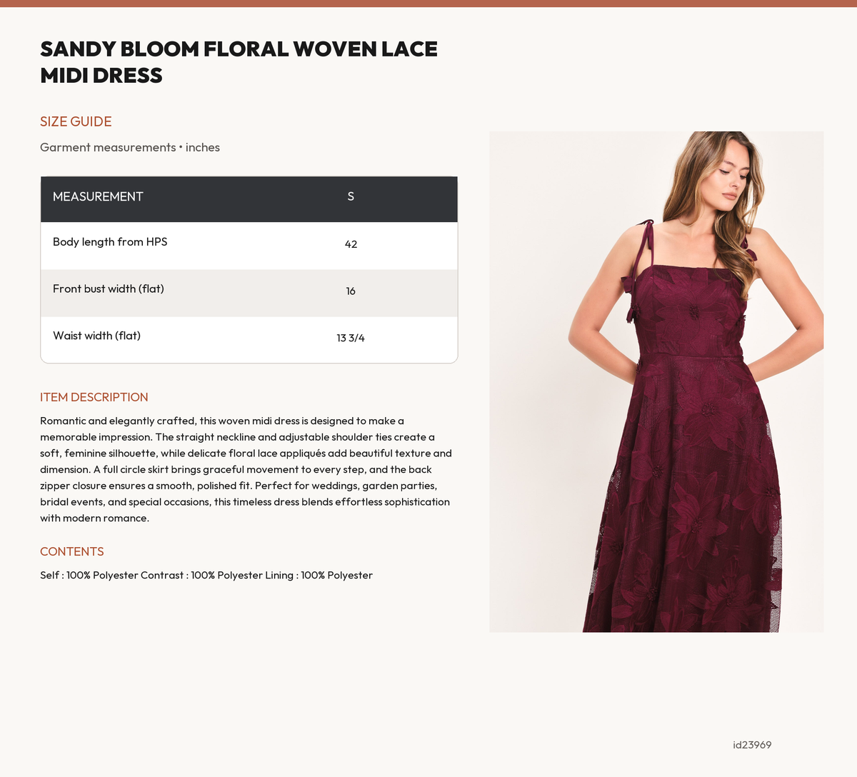 SANDY BLOOM FLORAL WOVEN LACE MIDI DRESS size chart