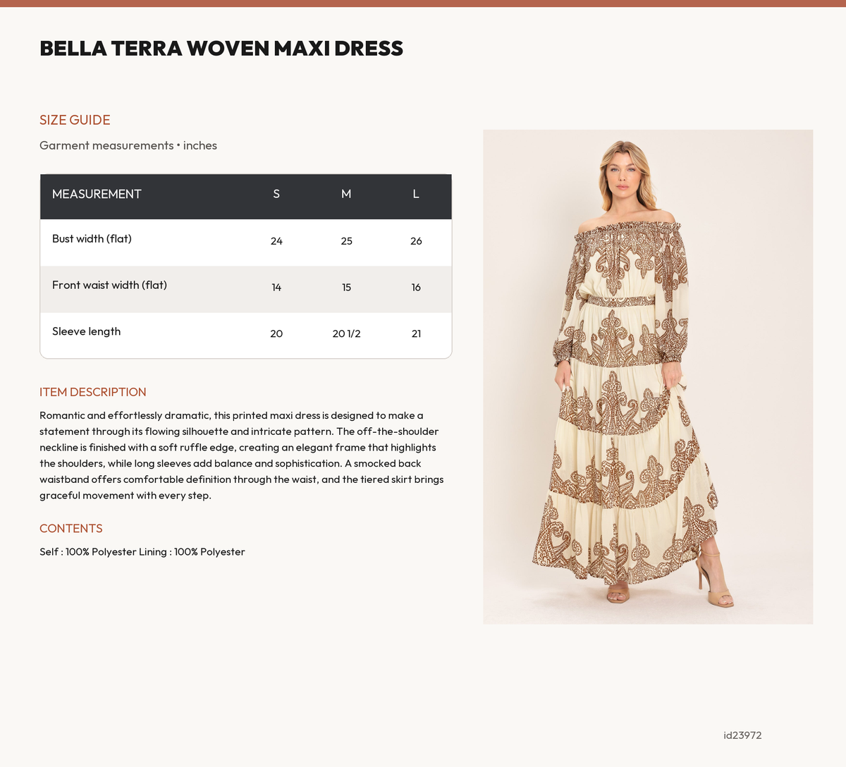 BELLA TERRA WOVEN MAXI DRESS size chart