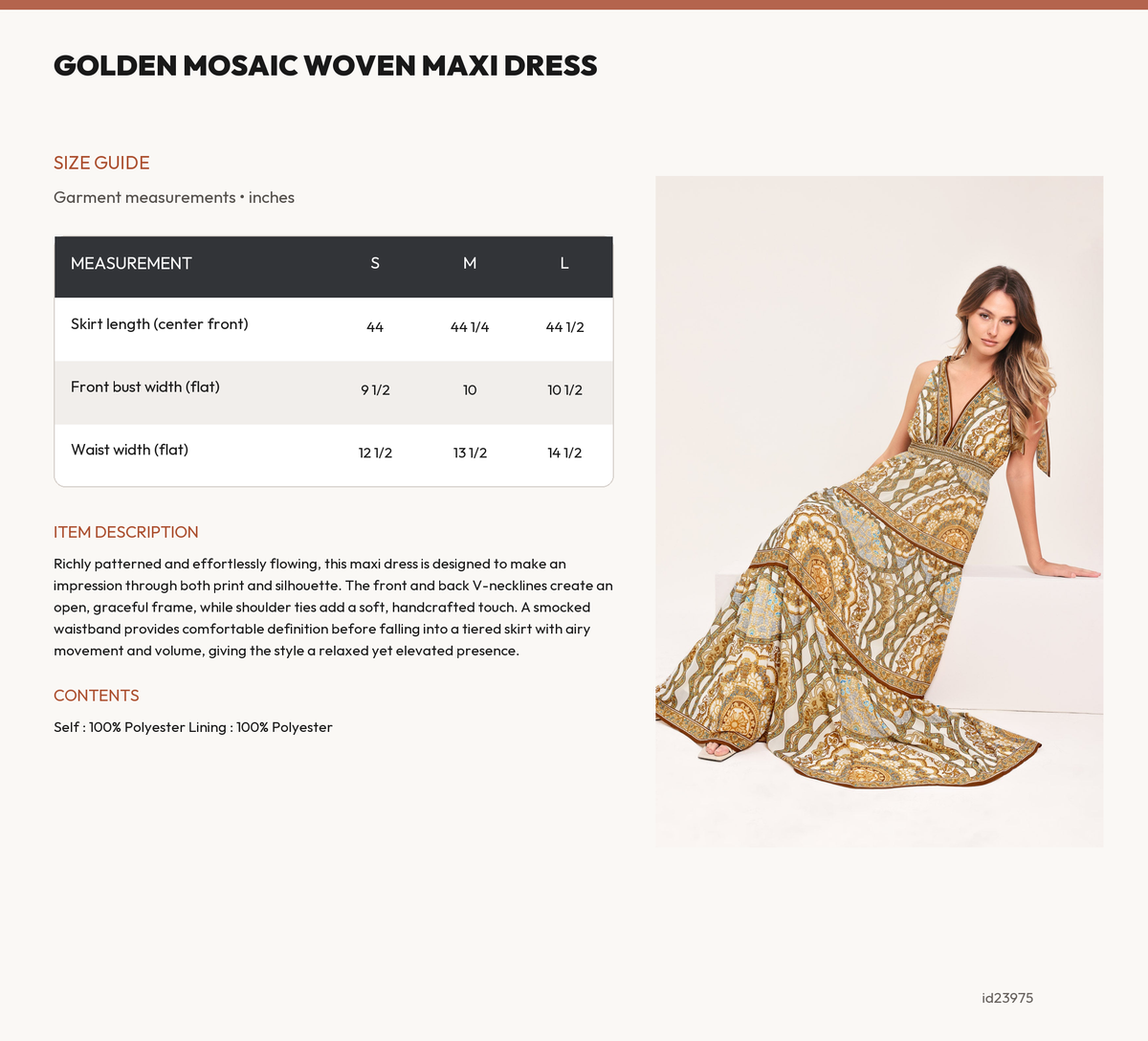 GOLDEN MOSAIC WOVEN MAXI DRESS size chart