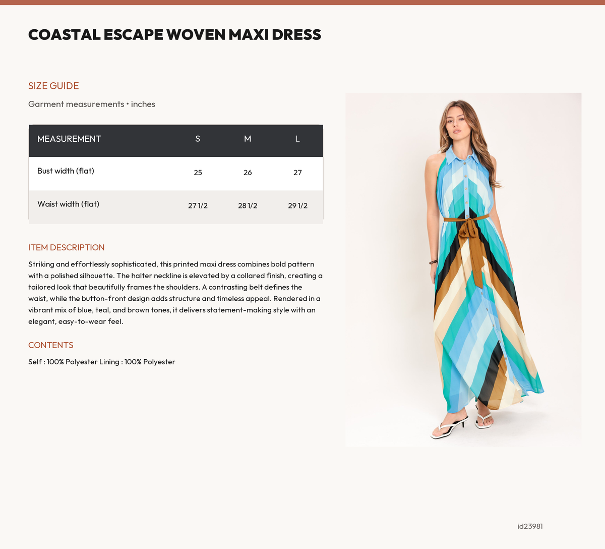 COASTAL ESCAPE WOVEN MAXI DRESS size chart