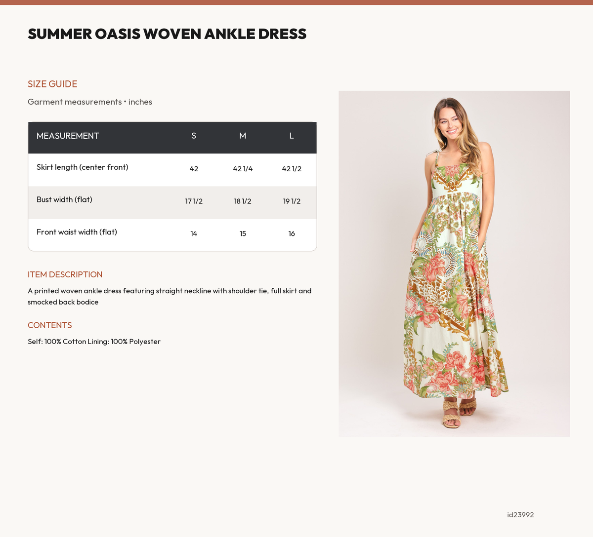 SUMMER OASIS WOVEN ANKLE DRESS size chart