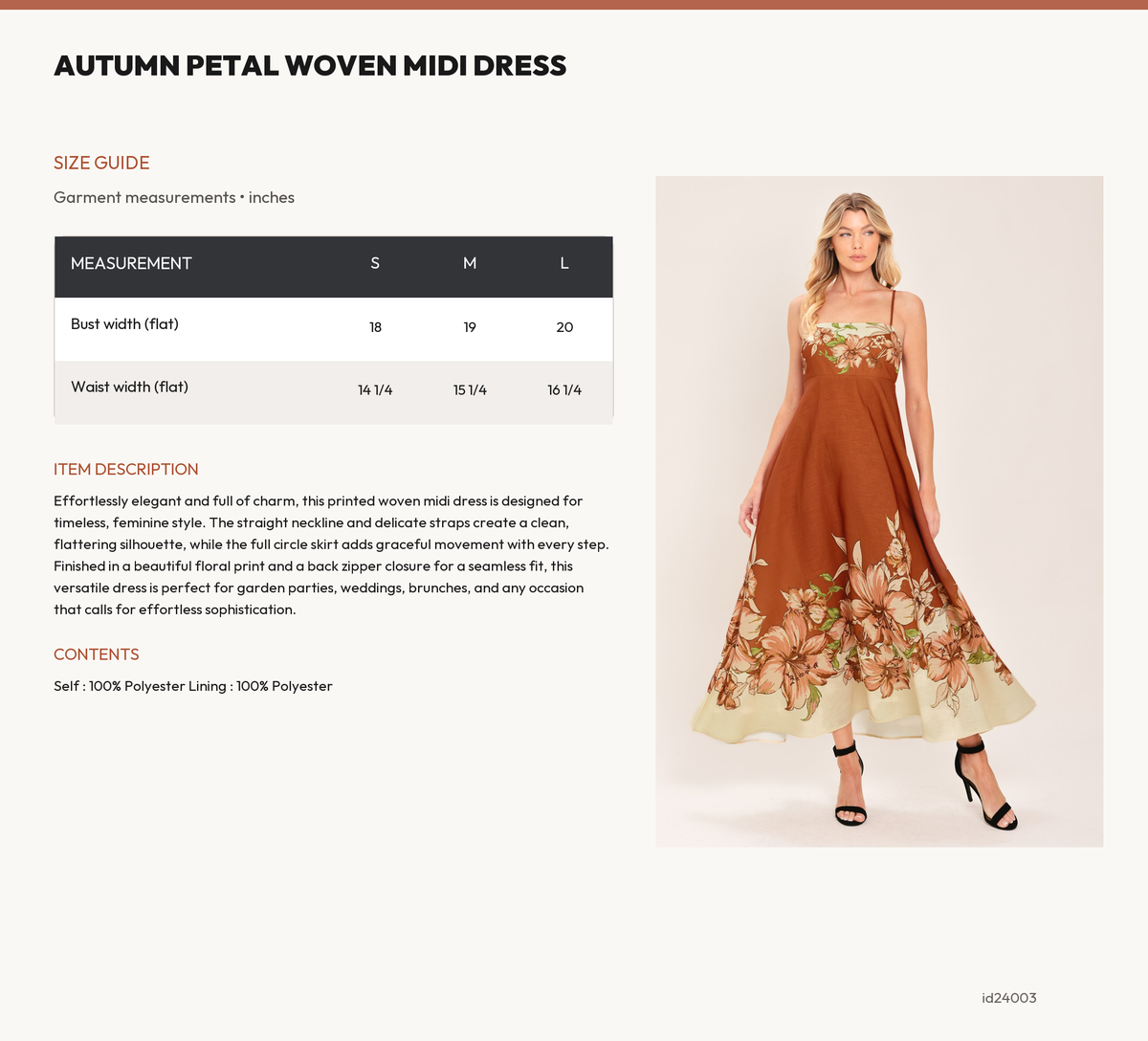 AUTUMN PETAL WOVEN MIDI DRESS size chart