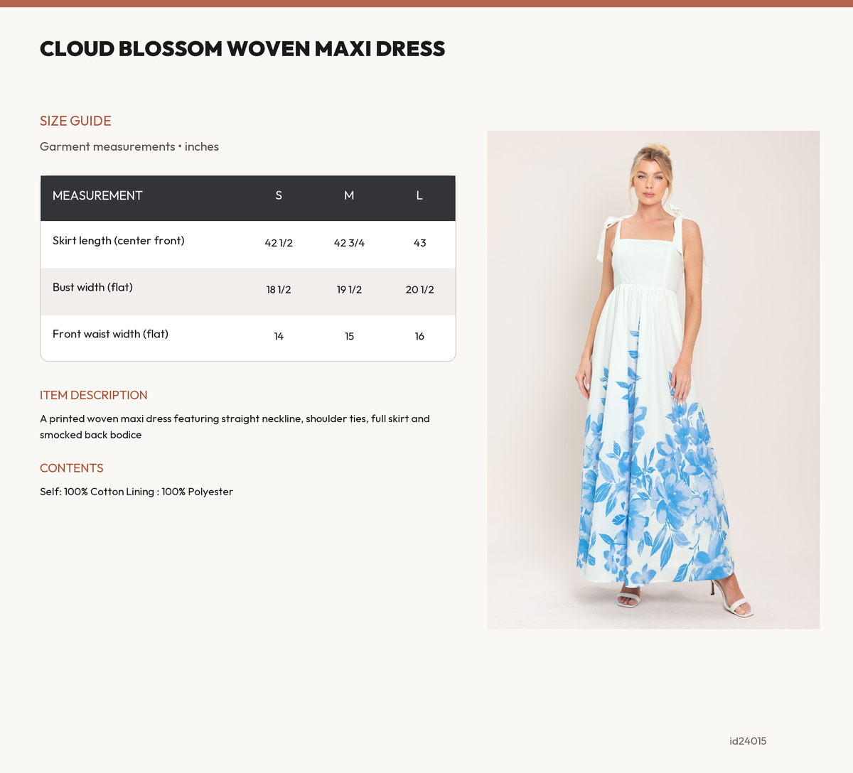 CLOUD BLOSSOM WOVEN MAXI DRESS size chart