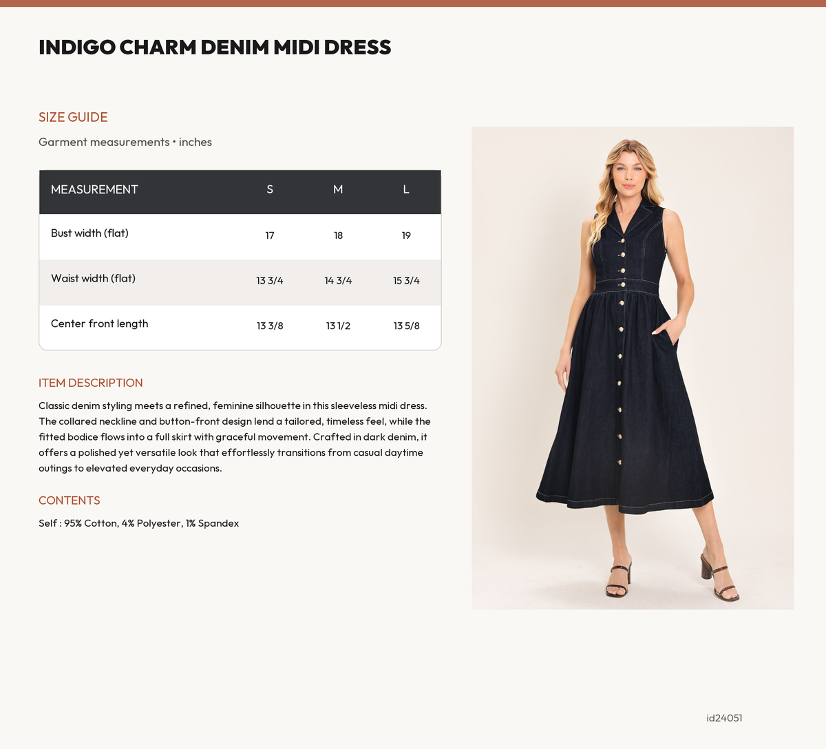 INDIGO CHARM DENIM MIDI DRESS size chart