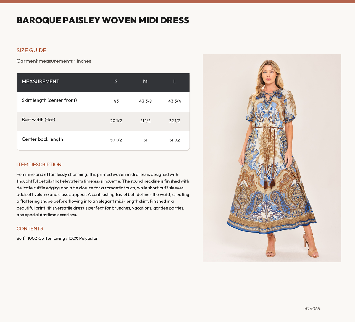 BAROQUE PAISLEY WOVEN MIDI DRESS size chart