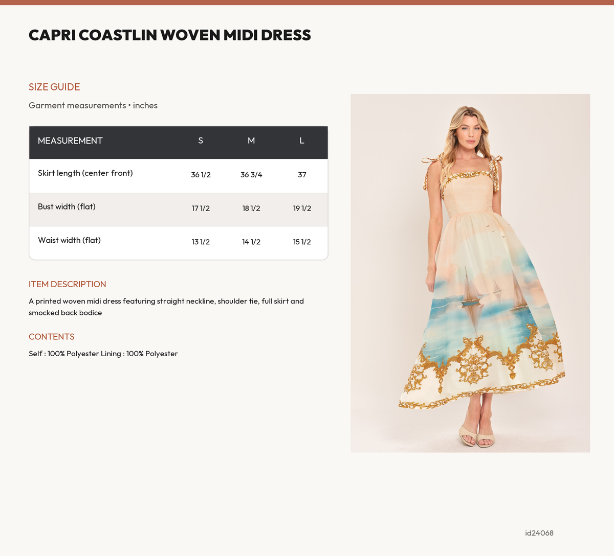 CAPRI COASTLIN WOVEN MIDI DRESS size chart