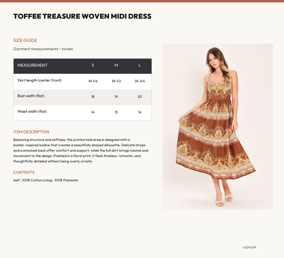 TOFFEE TREASURE WOVEN MIDI DRESS size chart