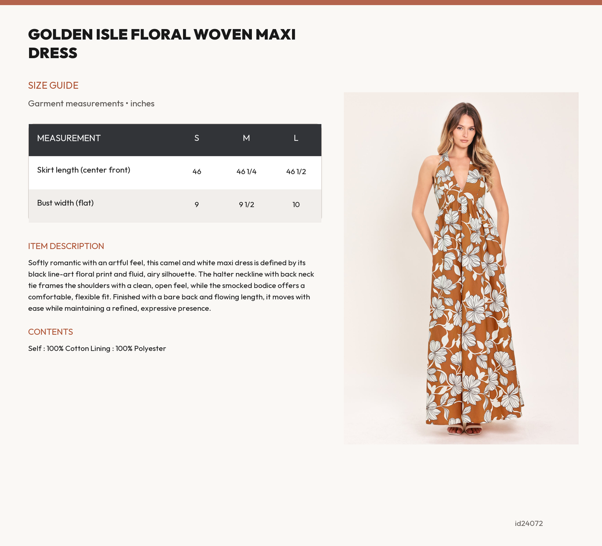 GOLDEN ISLE FLORAL WOVEN MAXI DRESS size chart