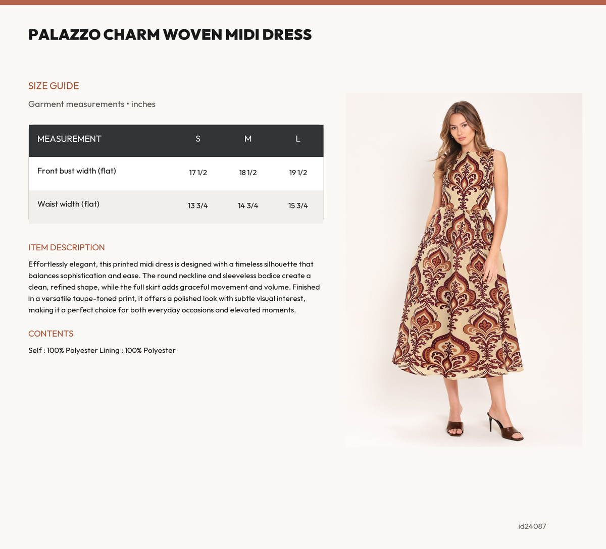 PALAZZO CHARM WOVEN MIDI DRESS size chart
