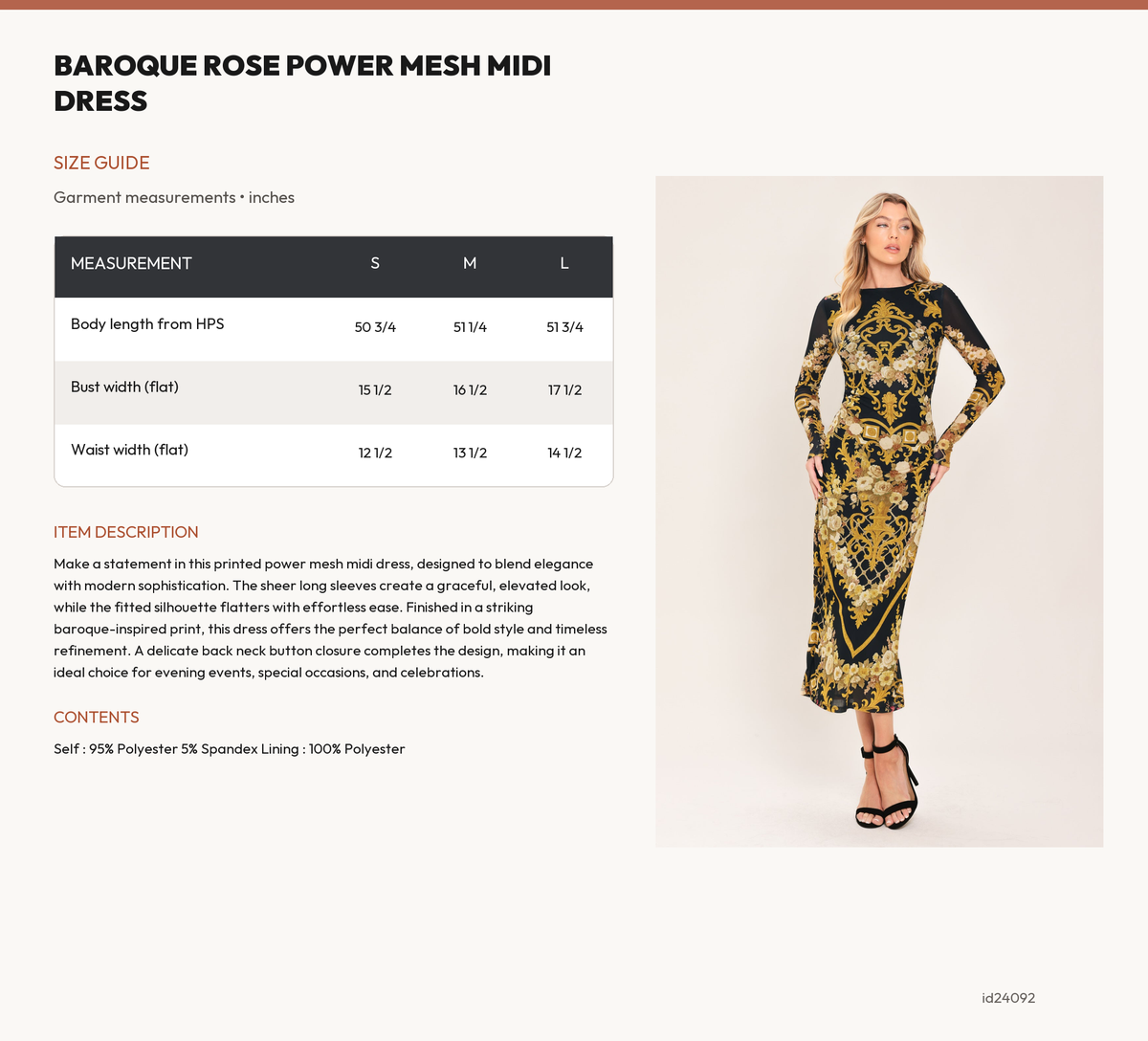 BAROQUE ROSE POWER MESH MIDI DRESS size chart