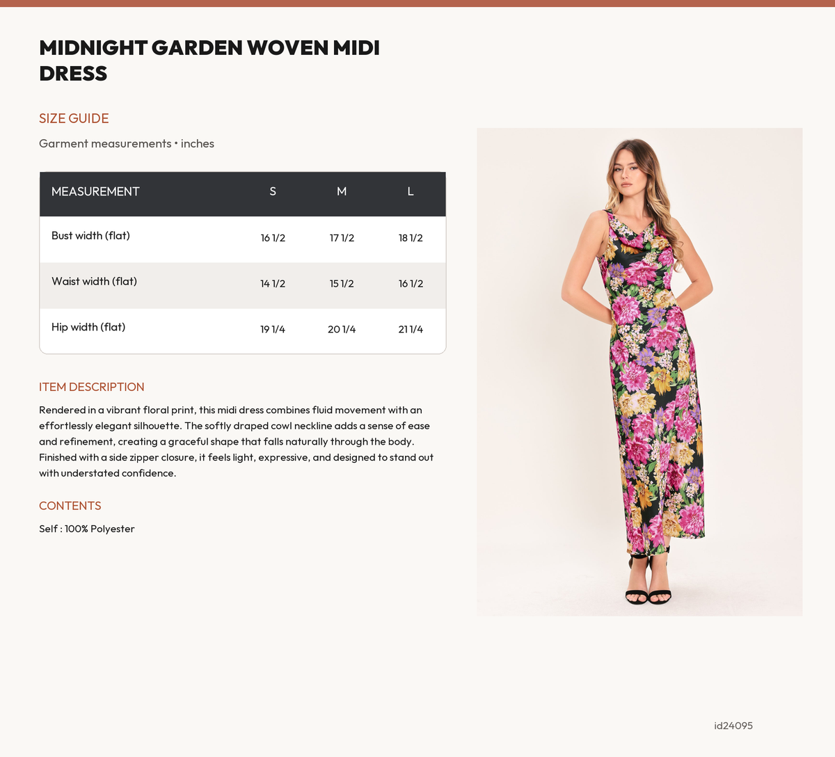 MIDNIGHT GARDEN WOVEN MIDI DRESS size chart