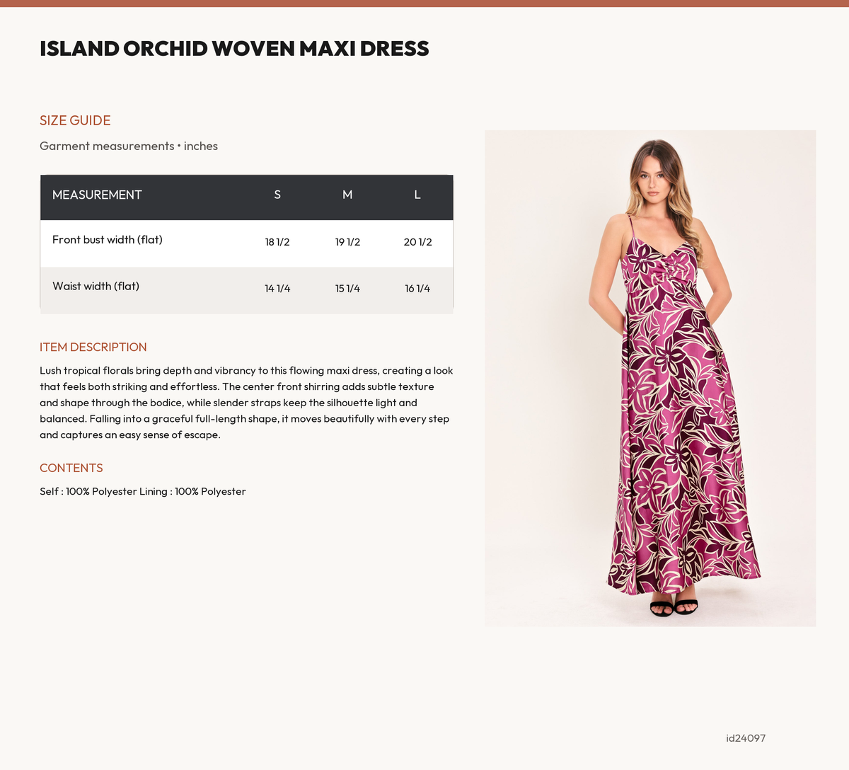 ISLAND ORCHID WOVEN MAXI DRESS size chart