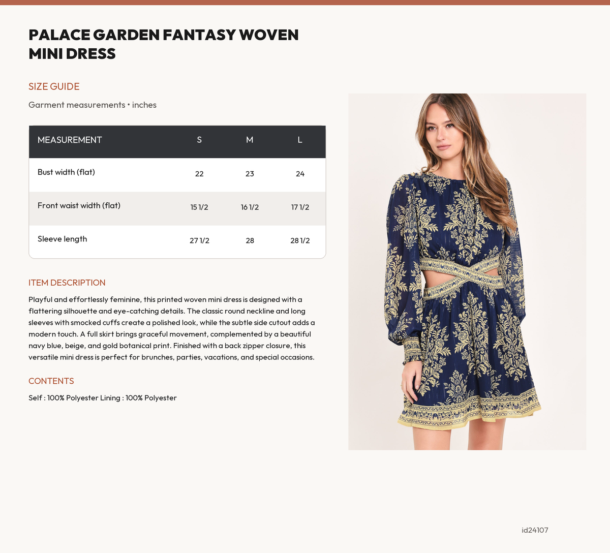 PALACE GARDEN FANTASY WOVEN MINI DRESS size chart