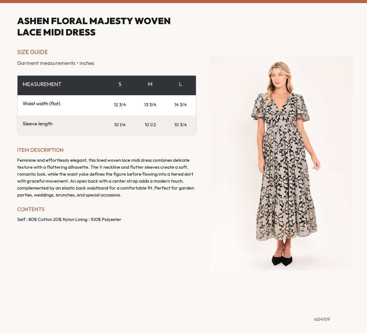 ASHEN FLORAL MAJESTY WOVEN LACE MIDI DRESS size chart