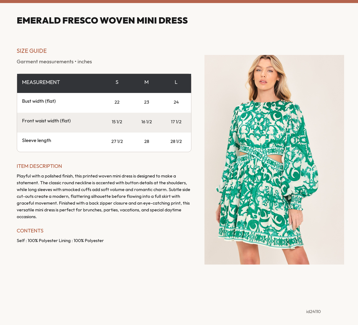 EMERALD FRESCO WOVEN MINI DRESS size chart