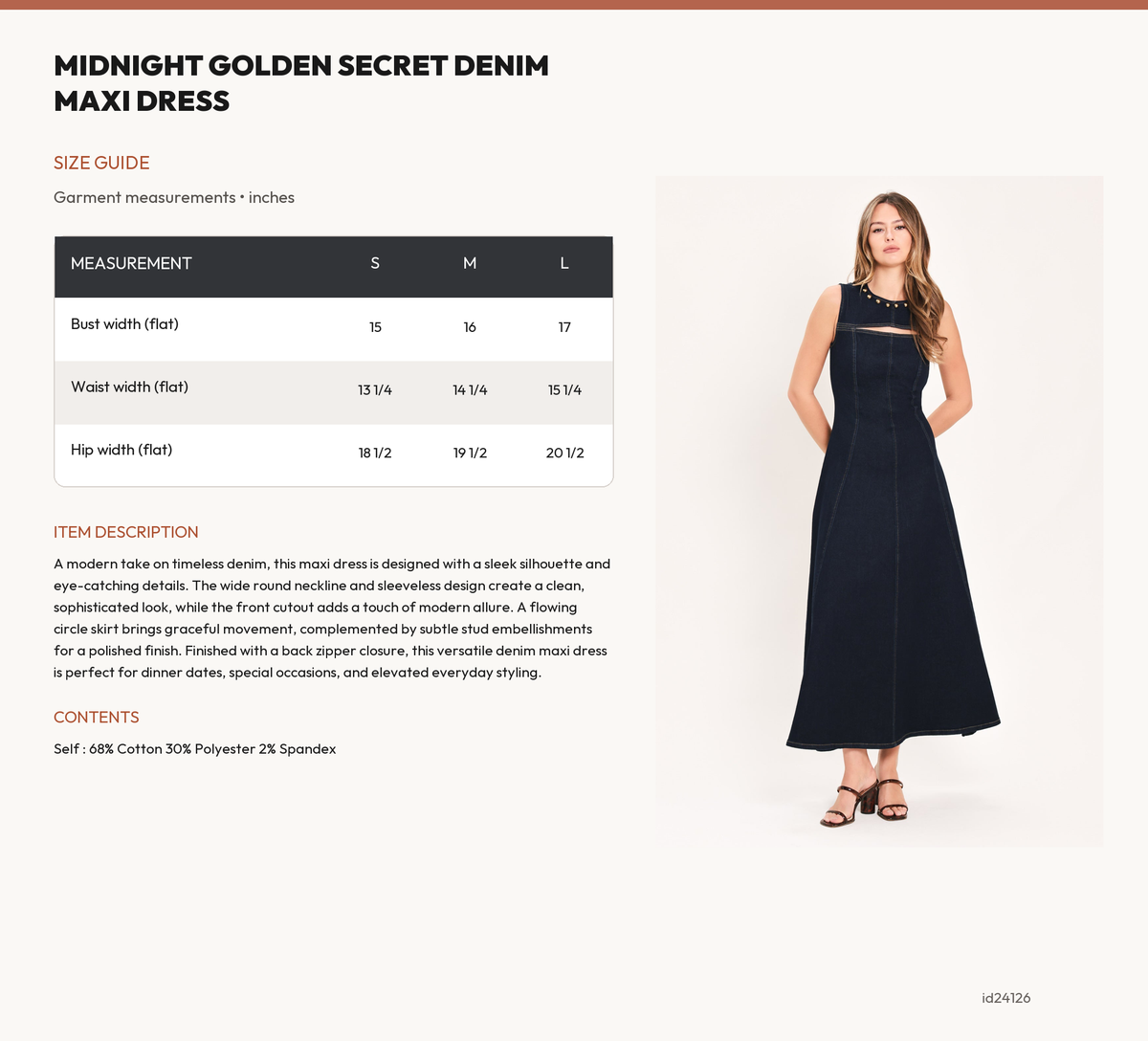 MIDNIGHT GOLDEN SECRET DENIM MAXI DRESS size chart
