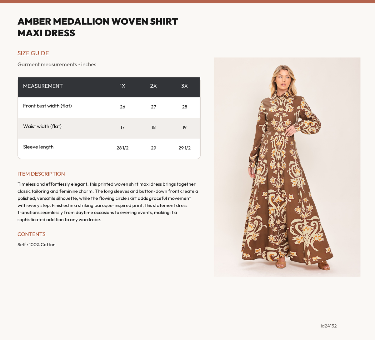 AMBER MEDALLION WOVEN SHIRT MAXI DRESS size chart