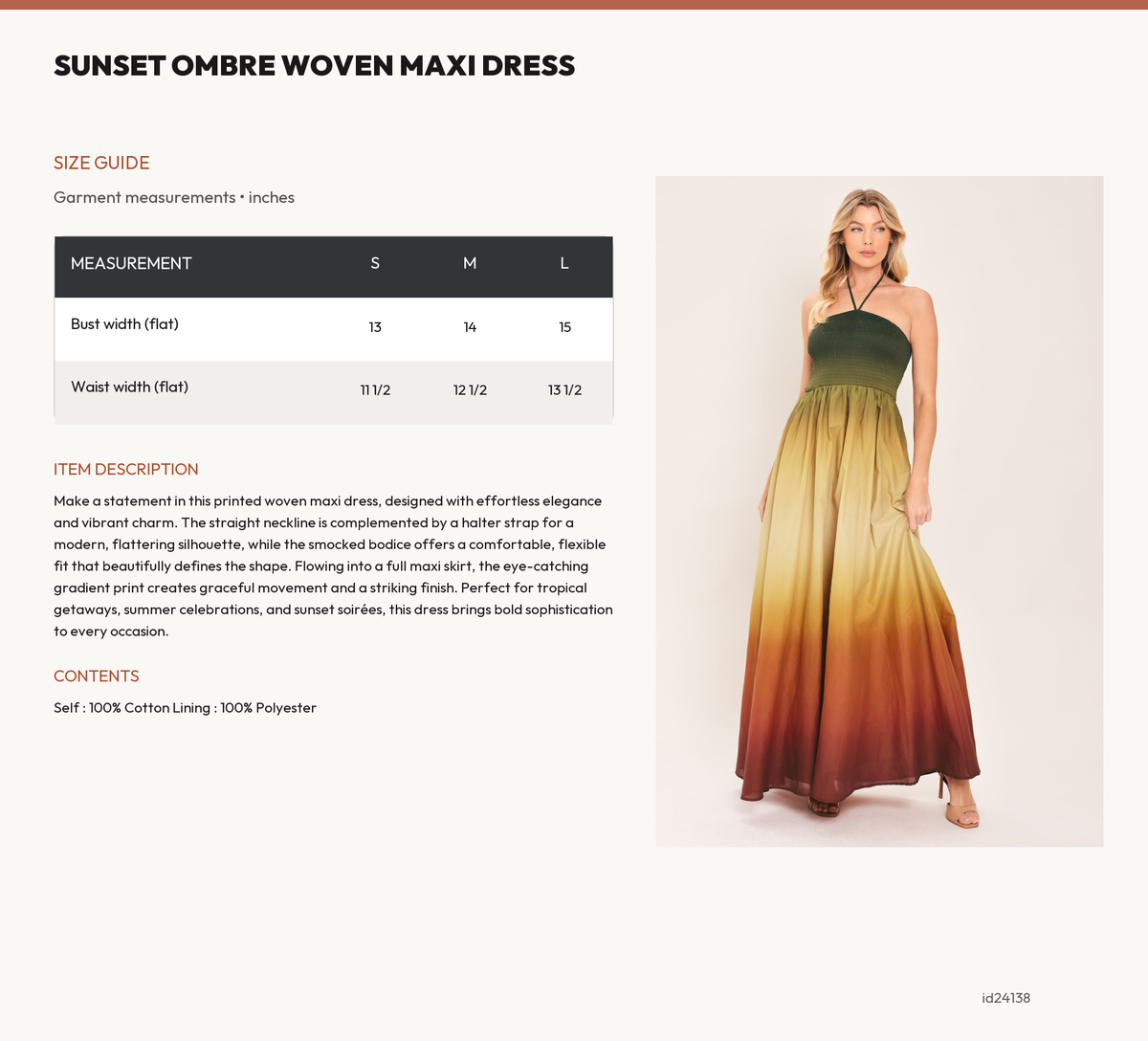 SUNSET OMBRE WOVEN MAXI DRESS size chart