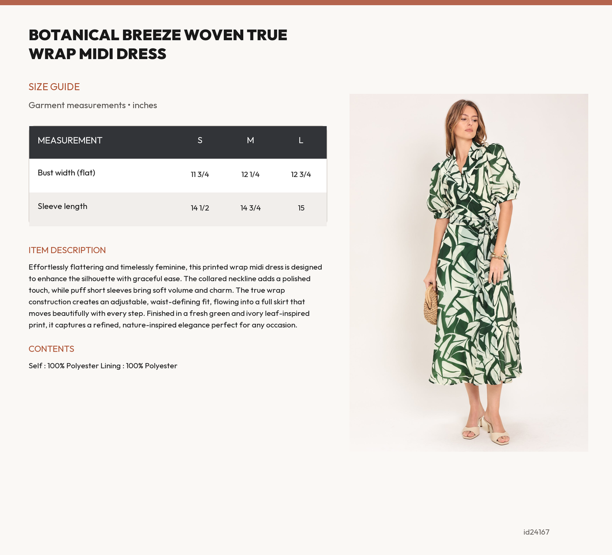 BOTANICAL BREEZE WOVEN TRUE WRAP MIDI DRESS size chart