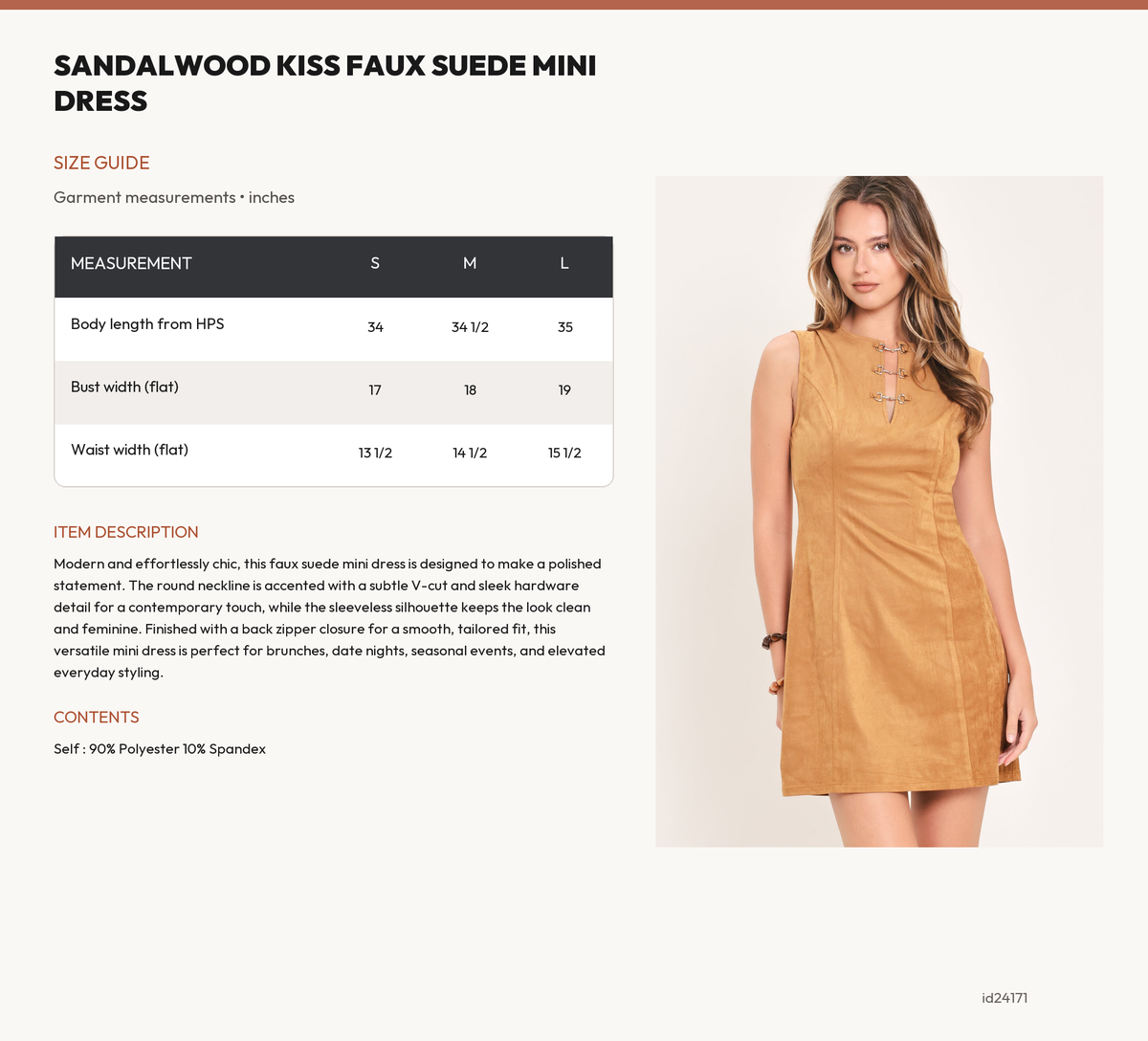 SANDALWOOD KISS FAUX SUEDE MINI DRESS size chart