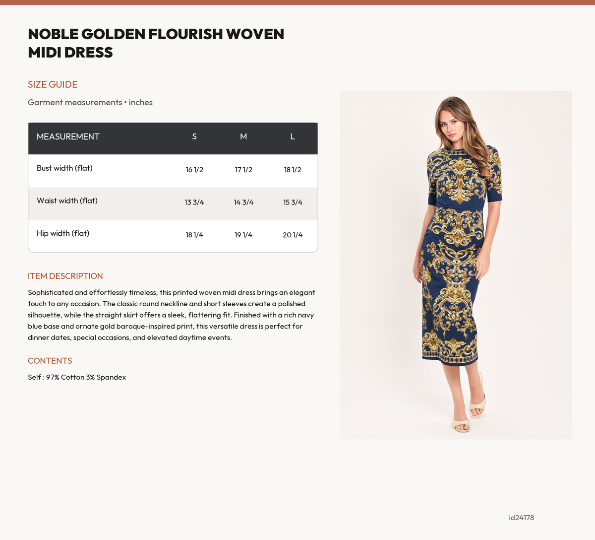 NOBLE GOLDEN FLOURISH WOVEN MIDI DRESS size chart