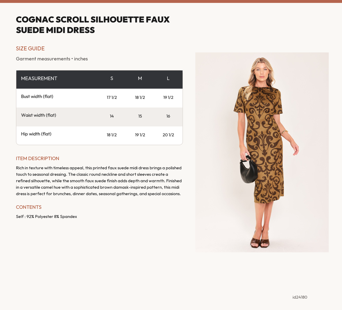 COGNAC SCROLL SILHOUETTE FAUX SUEDE MIDI DRESS size chart