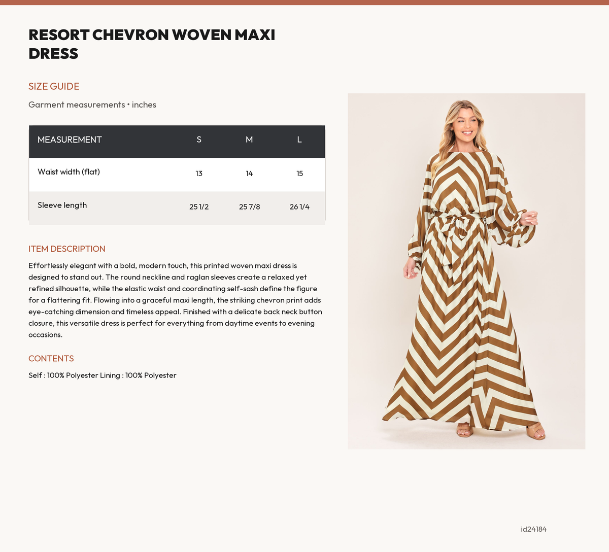 RESORT CHEVRON WOVEN MAXI DRESS size chart