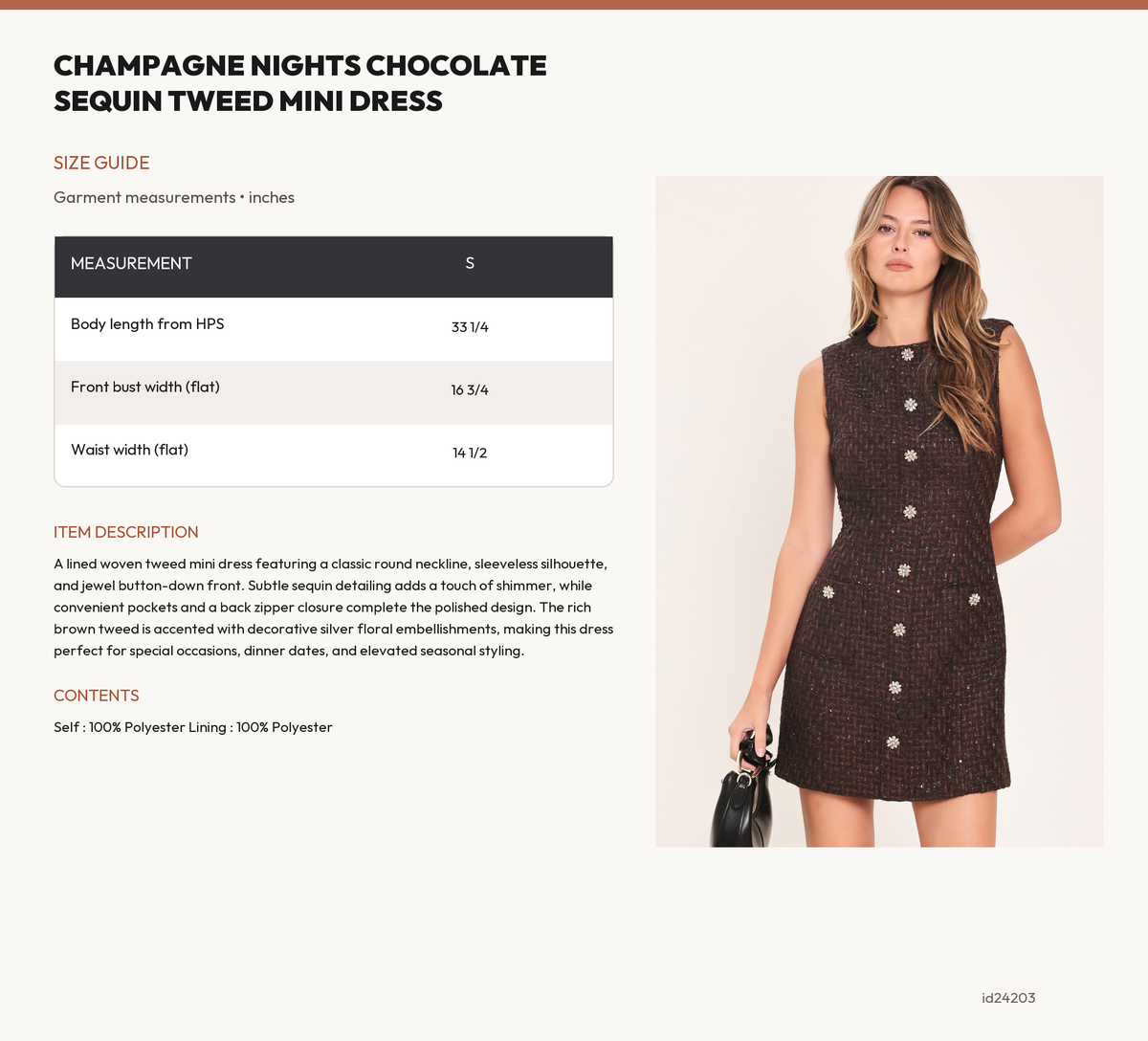 CHAMPAGNE NIGHTS CHOCOLATE SEQUIN TWEED MINI DRESS size chart