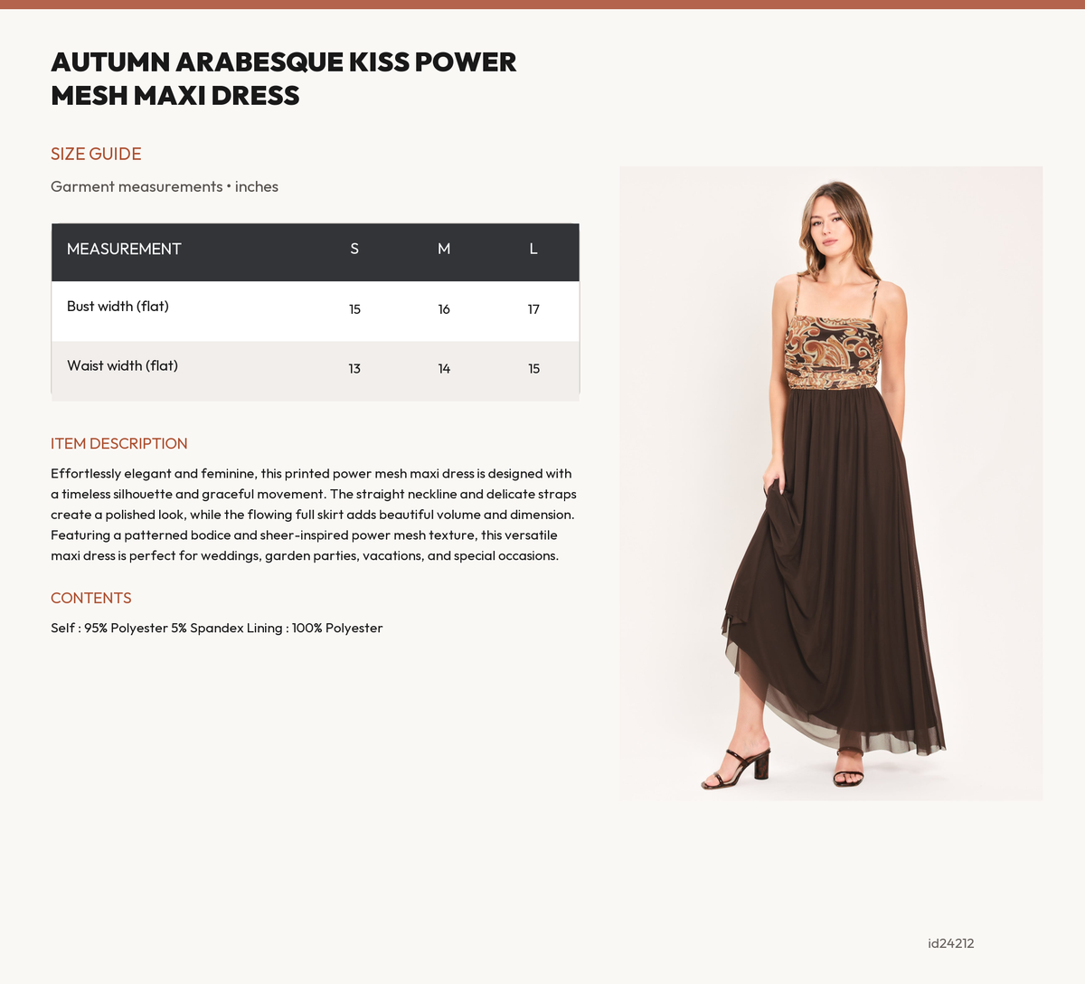 AUTUMN ARABESQUE KISS POWER MESH MAXI DRESS size chart